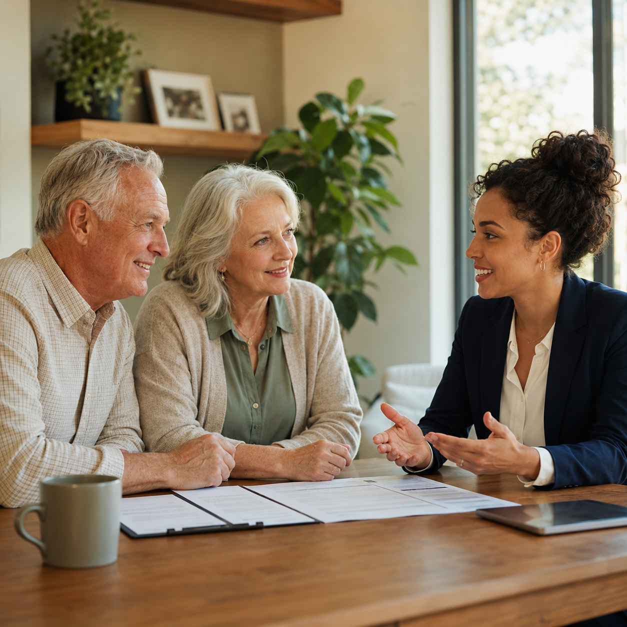 An advisor in conversation with a couple at a kitchen table, paperwork between them.