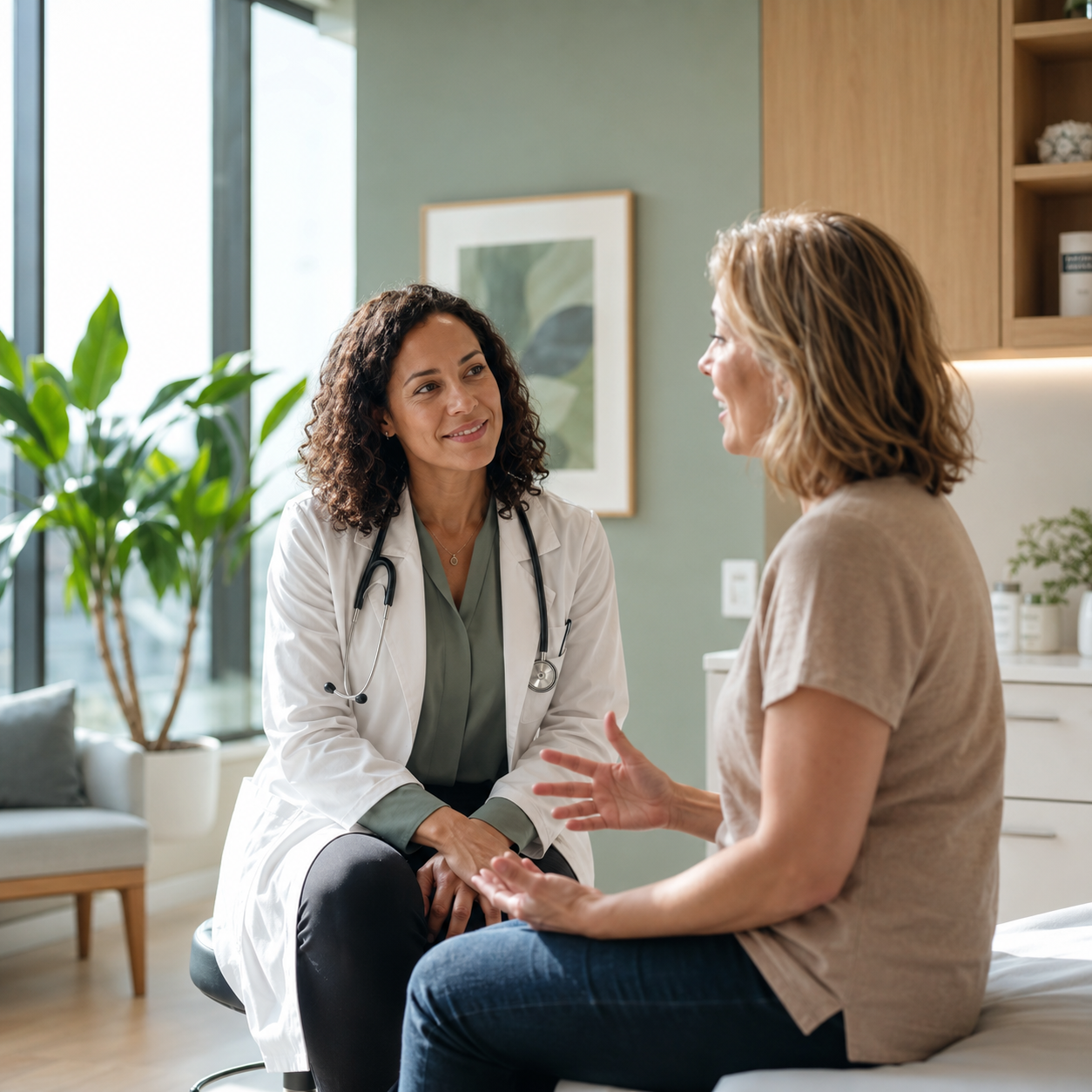 A doctor in a white coat in conversation with a patient in a calm clinic room.