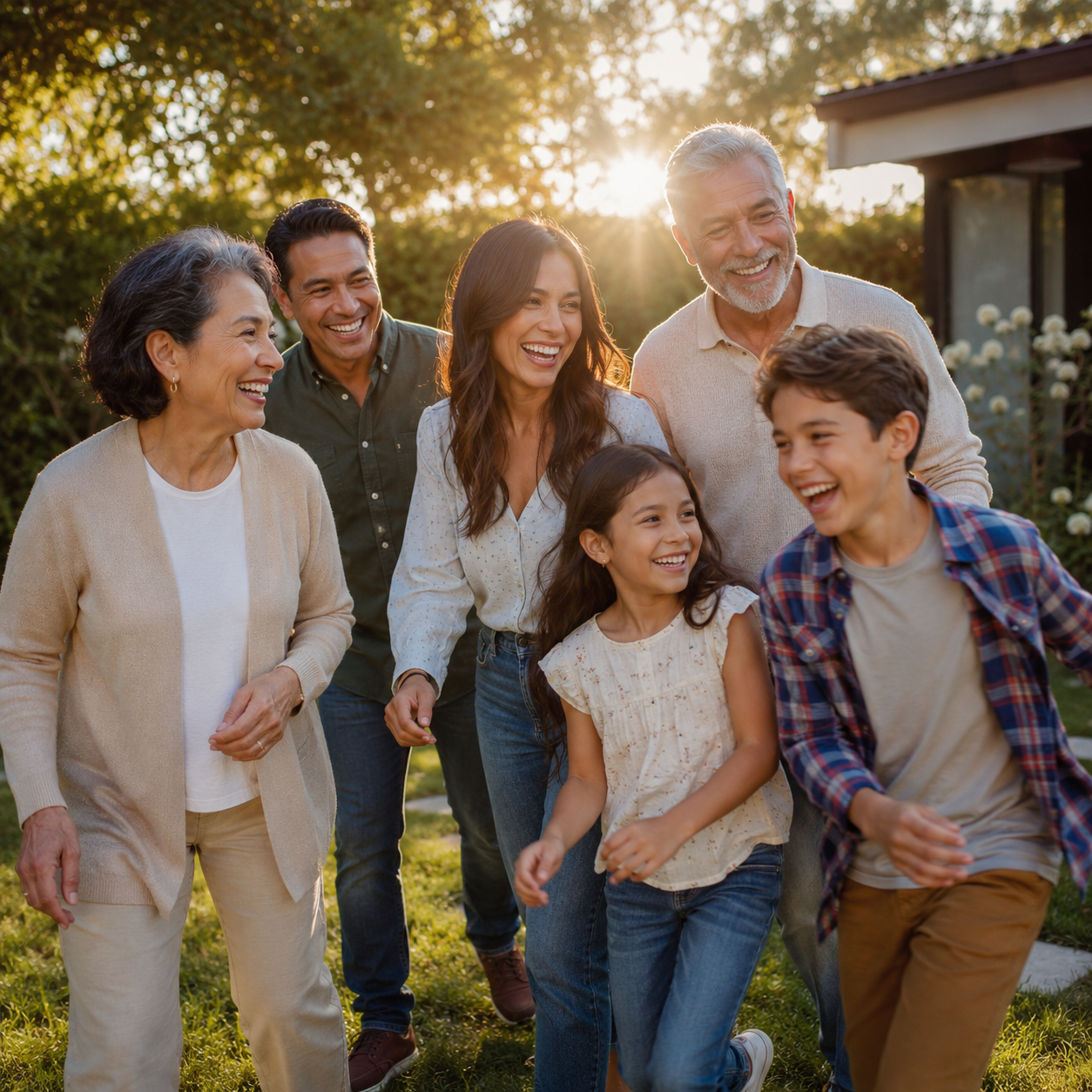 A multigenerational family laughing together outdoors at golden hour.