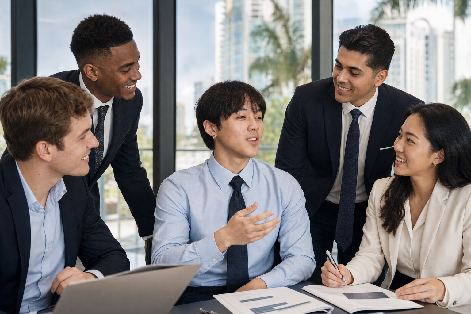 A group of advisors collaborating in a sunlit office.